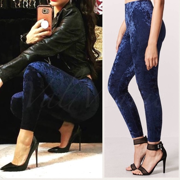 Dark Navy Blue Velour Leggings - Picture 3 of 4